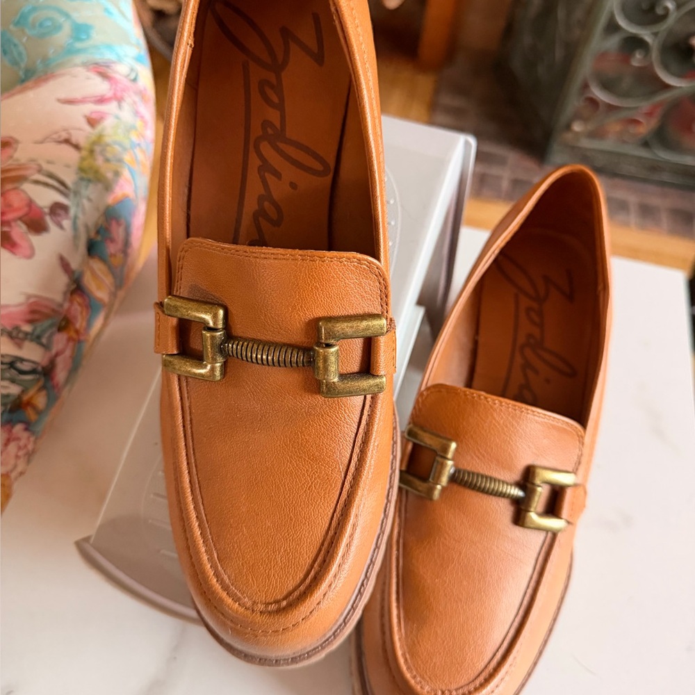 Zodiac Cognac Brown Loafers with Brass Accent